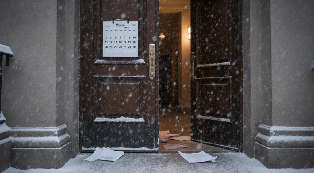 Courthouse doors open with warm light spilling and snowflakes covering the calendar.