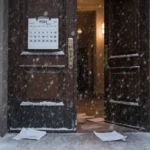 Courthouse doors open with warm light spilling and snowflakes covering the calendar.