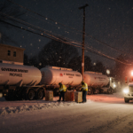Workers loading equipment onto delivery vehicles with snow-covered street propane trucks Governor