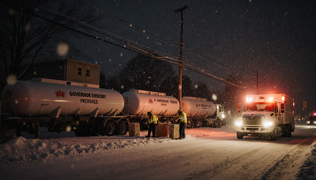 Workers loading equipment onto delivery vehicles with snow-covered street propane trucks Governor