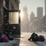 Snow-covered school entrance opens to swirling snowflakes with warm winter sun glow