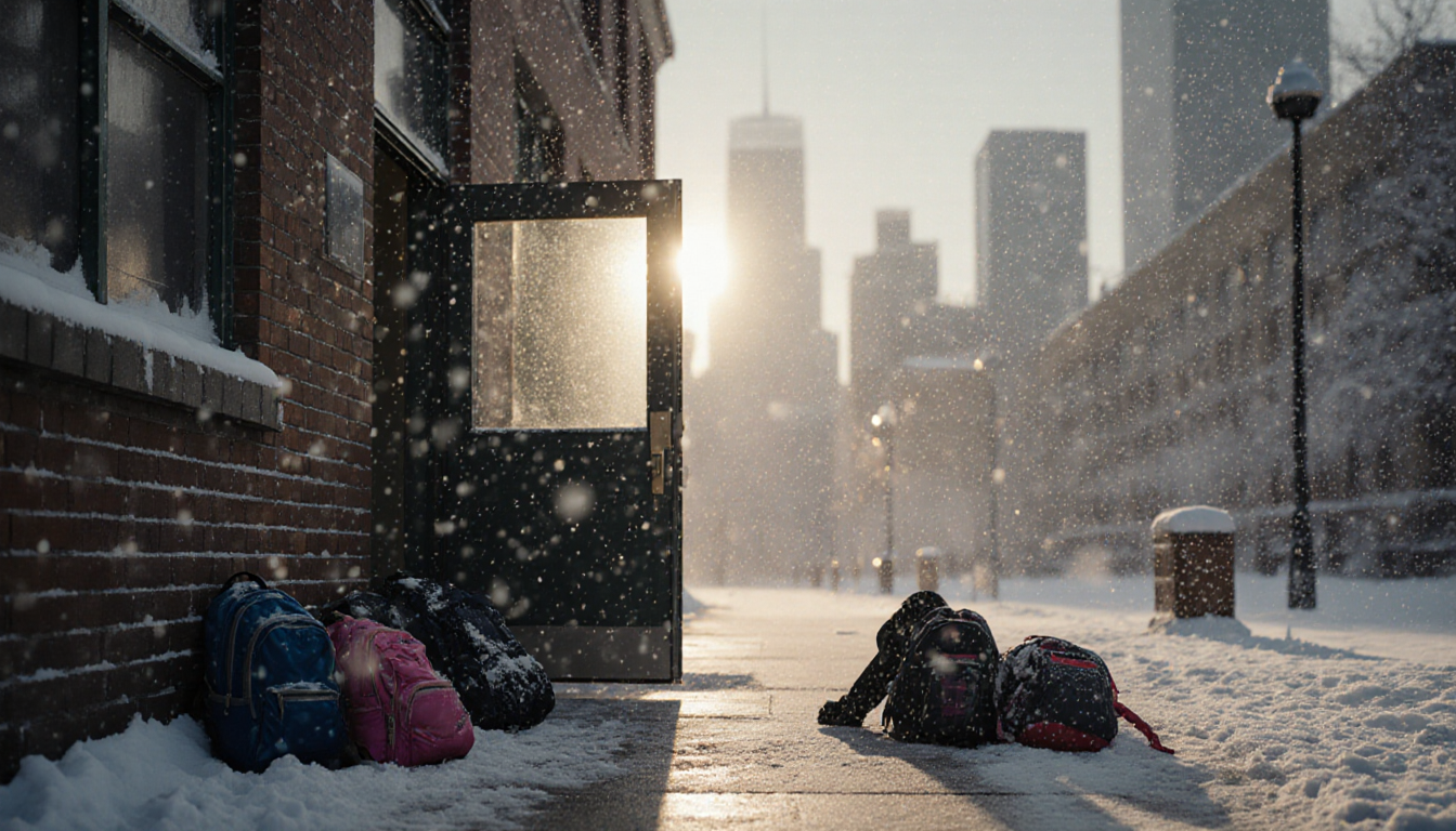 Snow-covered school entrance opens to swirling snowflakes with warm winter sun glow