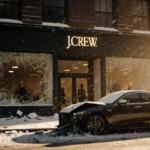 Snowy storefront with shattered glass and scattered debris while a damaged car sits in front golden light casts a warm glow.