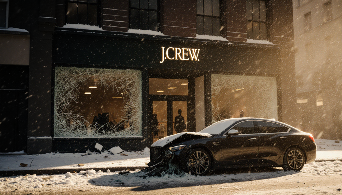 Snowy storefront with shattered glass and scattered debris while a damaged car sits in front golden light casts a warm glow.