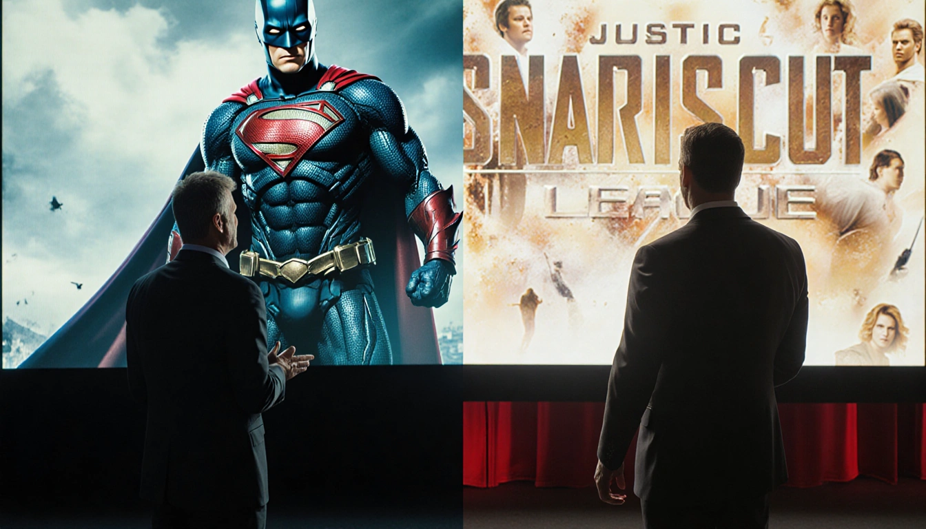 Joss Whedon stands by a screen with Justice League cut while Zack Snyder stands by a screen with his 242 minute Snyder Cut