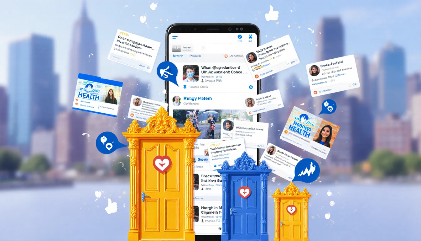 Ornate front door opens with cascading notifications and health posts flooding a social media feed against a cityscape