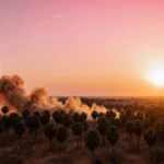 Dust plume rises over desert with palm forest reaching horizon and sunset sky ablaze