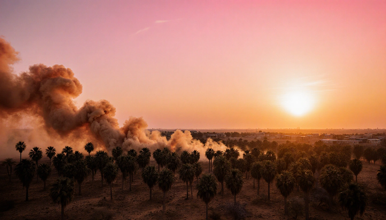Dust plume rises over desert with palm forest reaching horizon and sunset sky ablaze