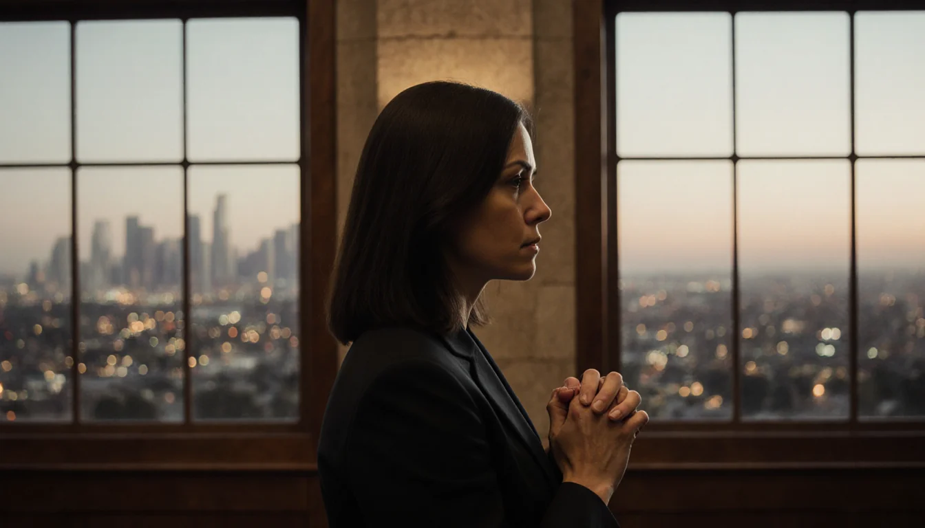 Prosecutor standing with hands clasped warm light illuminating profile against courthouse backdrop with blurred LA cityscape.