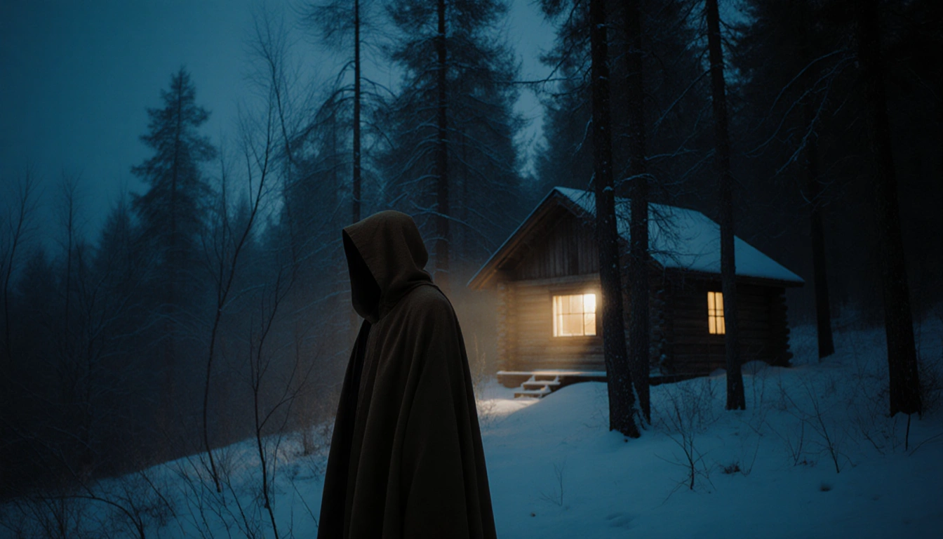 Solitary figure standing at forest edge with earth-toned cloak and glowing cabin light across snow-covered landscape.