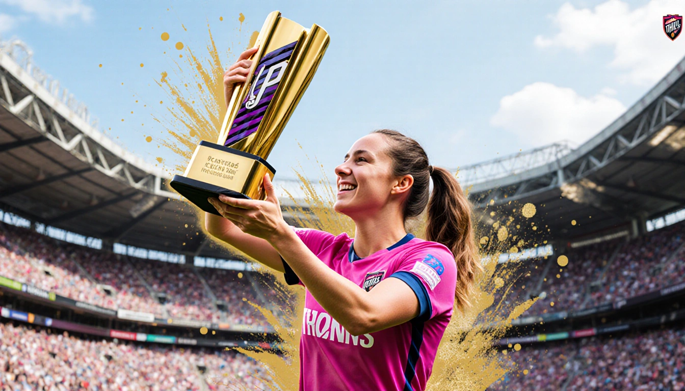 Sophia Wilson holding the NWSL Golden Boot trophy aloft with a blurred Portland Thorns stadium backdrop and golden accents