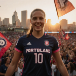 Sophia Wilson stands in her Portland Thorns jersey with Providence Park stadium and a sunset‑lit skyline behind her.