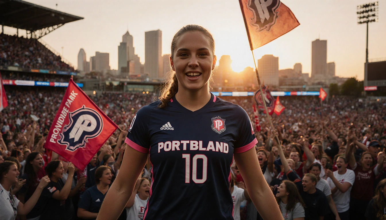 Sophia Wilson stands in her Portland Thorns jersey with Providence Park stadium and a sunset‑lit skyline behind her.