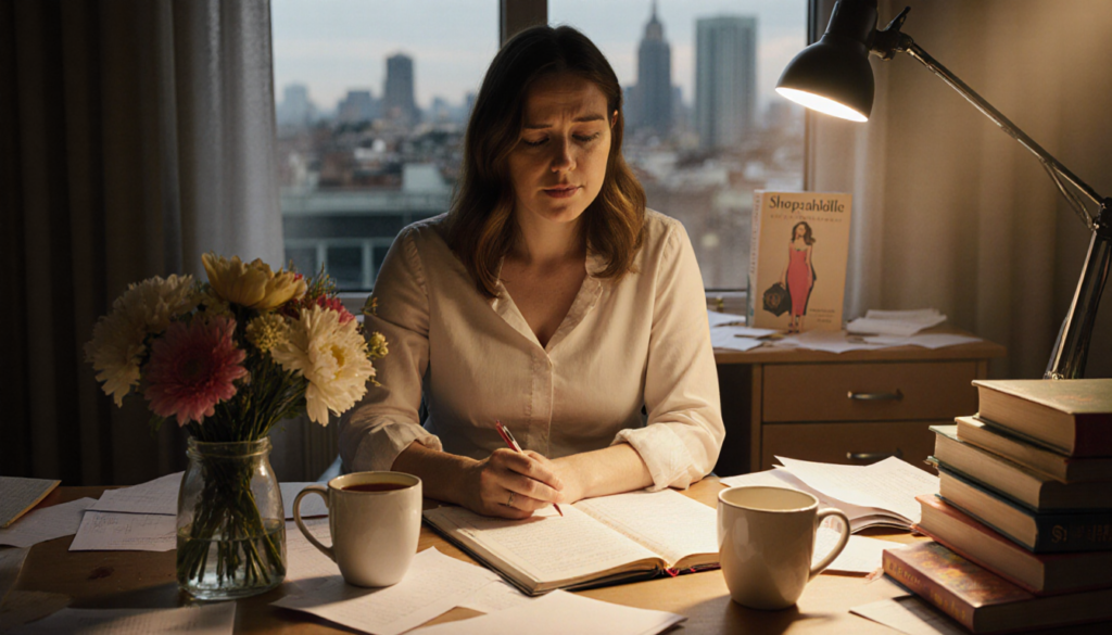 Sophie Kinsella the author sits at desk with scattered papers and a half‑written manuscript near a bouquet of flowers.
