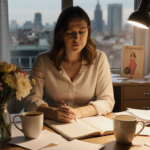 Sophie Kinsella the author sits at desk with scattered papers and a half‑written manuscript near a bouquet of flowers.