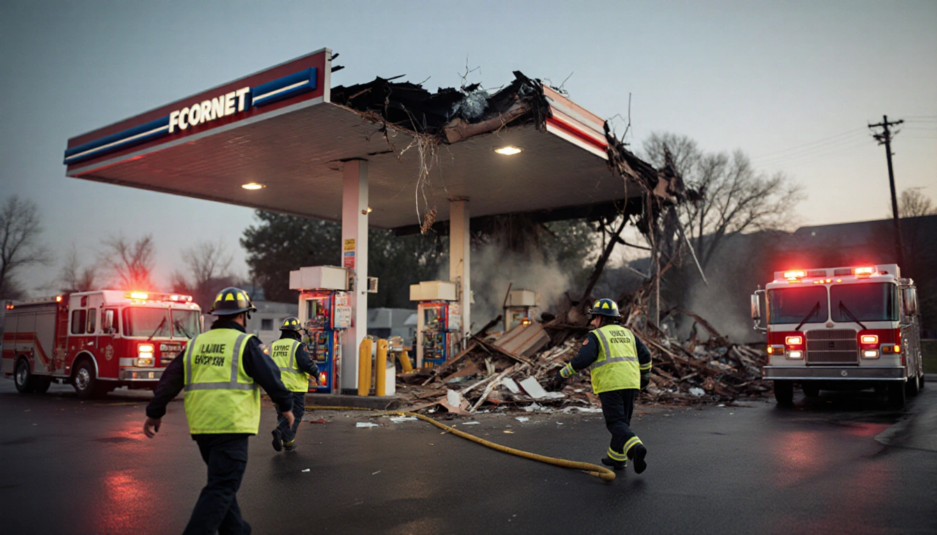 First responders rushing toward a collapsed gas station roof with debris scattered and emergency vehicles in the background