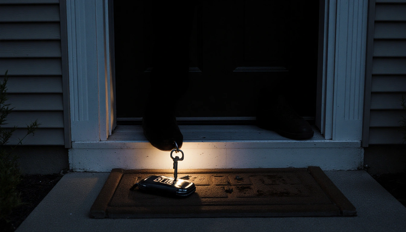Shadowy figure slipping through the gap of a darkened front door with a flickering porch light and a key on the ground