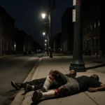 Two wounded men lying prone on sidewalk with bandaged legs and bloodstains under dim streetlight shadows