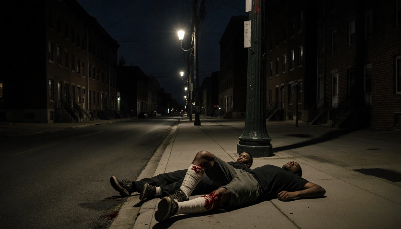 Two wounded men lying prone on sidewalk with bandaged legs and bloodstains under dim streetlight shadows