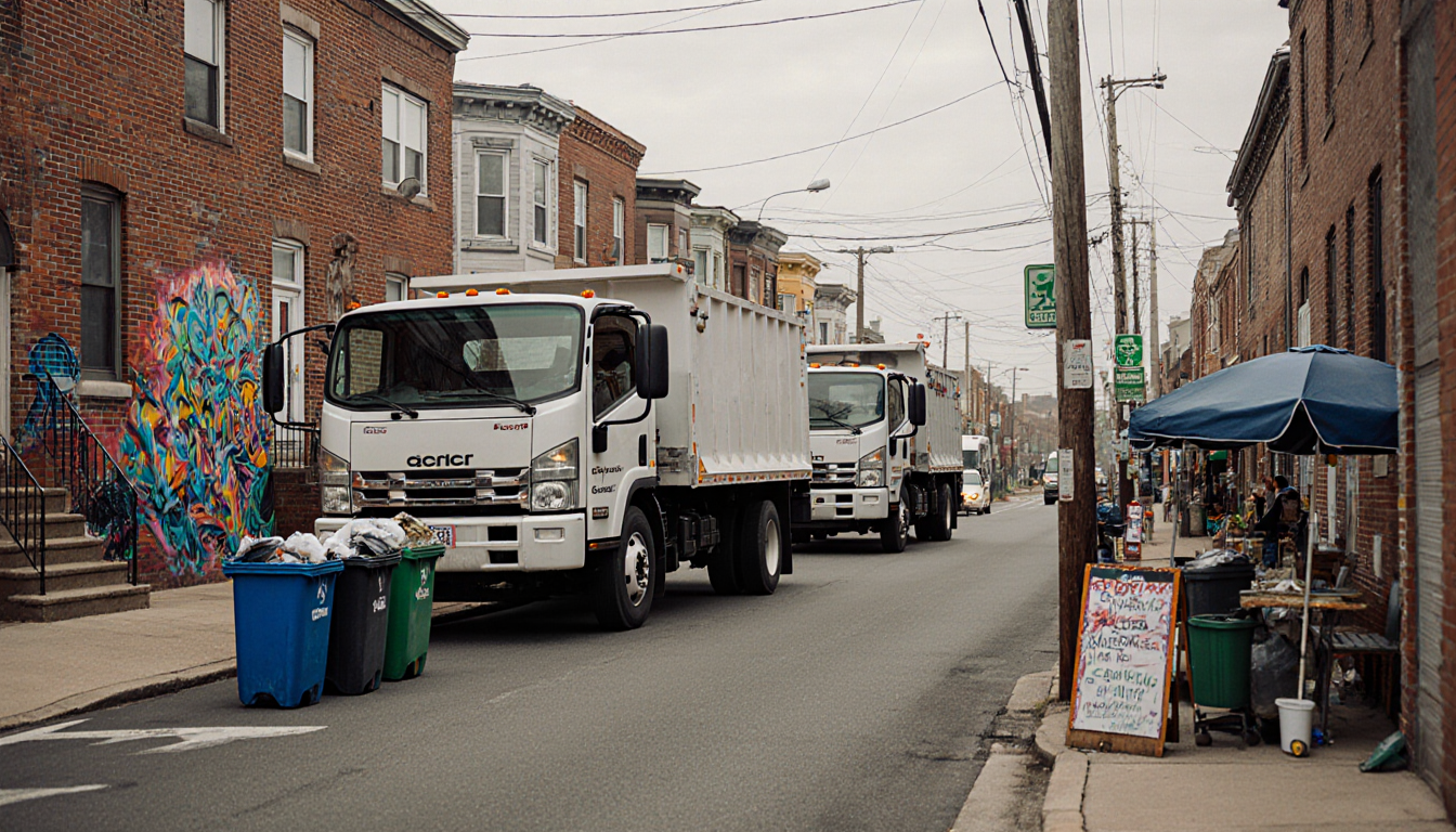 Two trash trucks parked side by side with a bustling South Philadelphia street, colorful street art, and vendors nearby