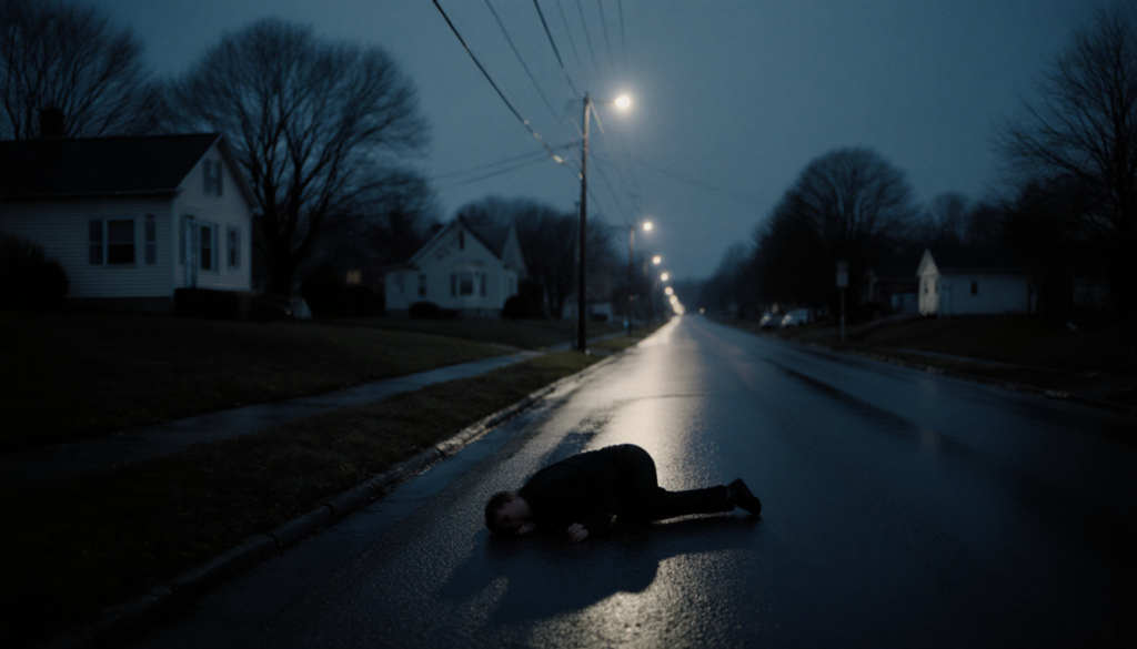 Figure lying on South Jersey road with streetlight casting long shadows and reflections of trees and houses