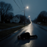 Figure lying on South Jersey road with streetlight casting long shadows and reflections of trees and houses