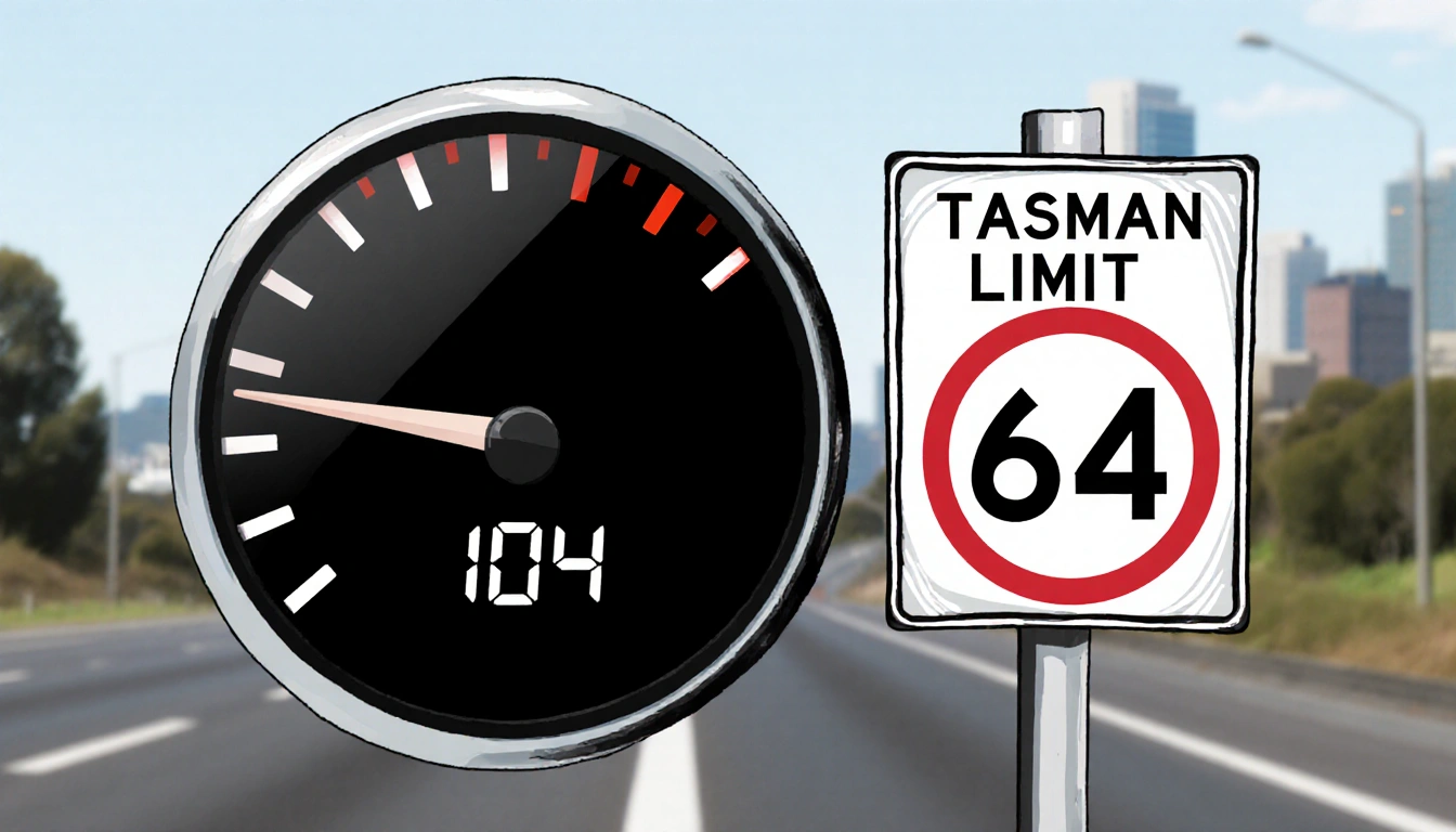 Speedometer face showing 104 on digital display with 64mph 64kmh speed limit sign and blurred Tasman Drive background
