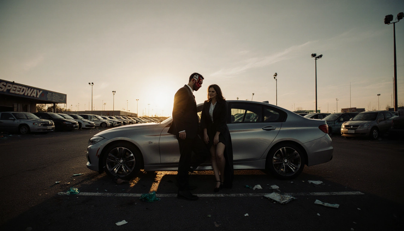 Man leaning against silver sedan with head wound and woman clutching leg in dawn Speedway parking lot