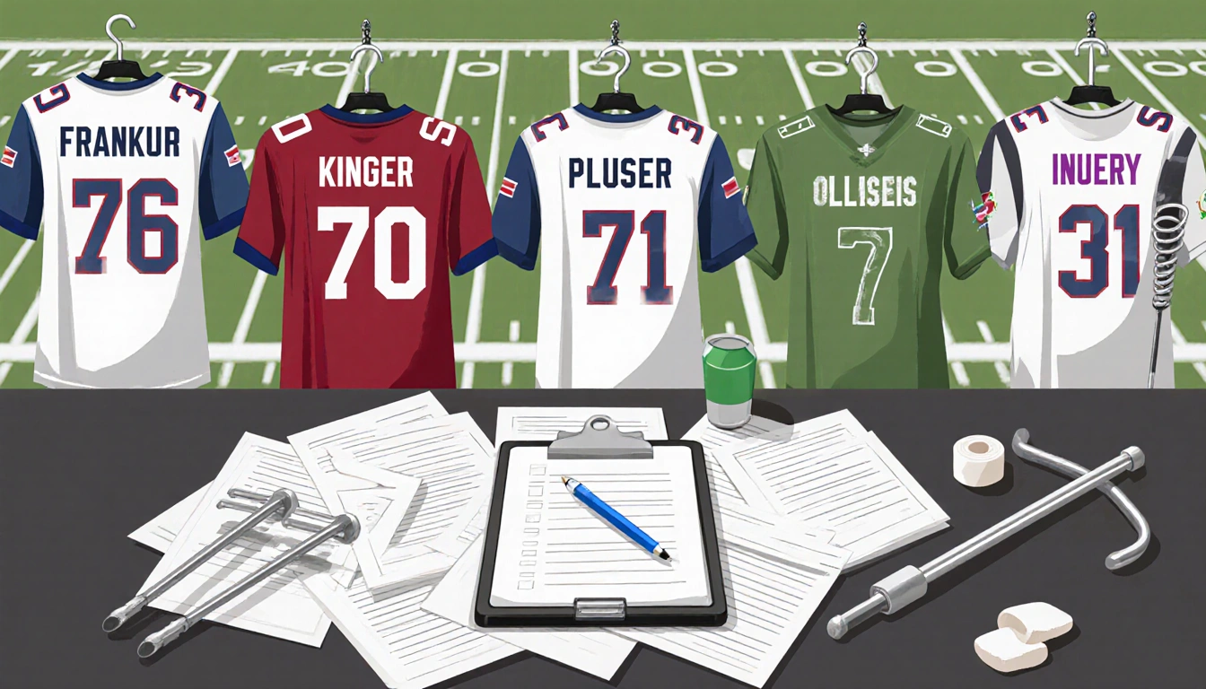 Four football jerseys hang on a sports injury report desk with names and a clipboard and pen and crutches