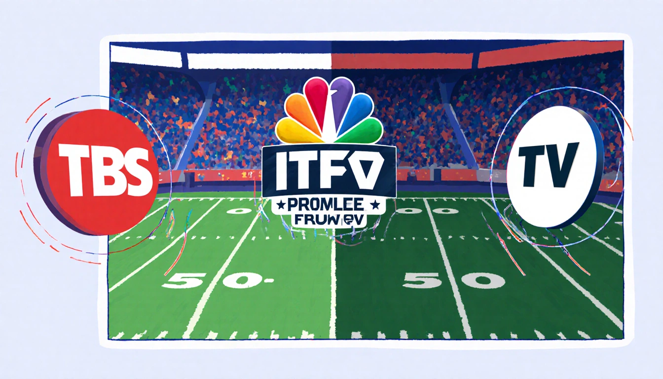 Networks TNT TBS truTV overlay split screen of college playoff and NFL game with motion lines.