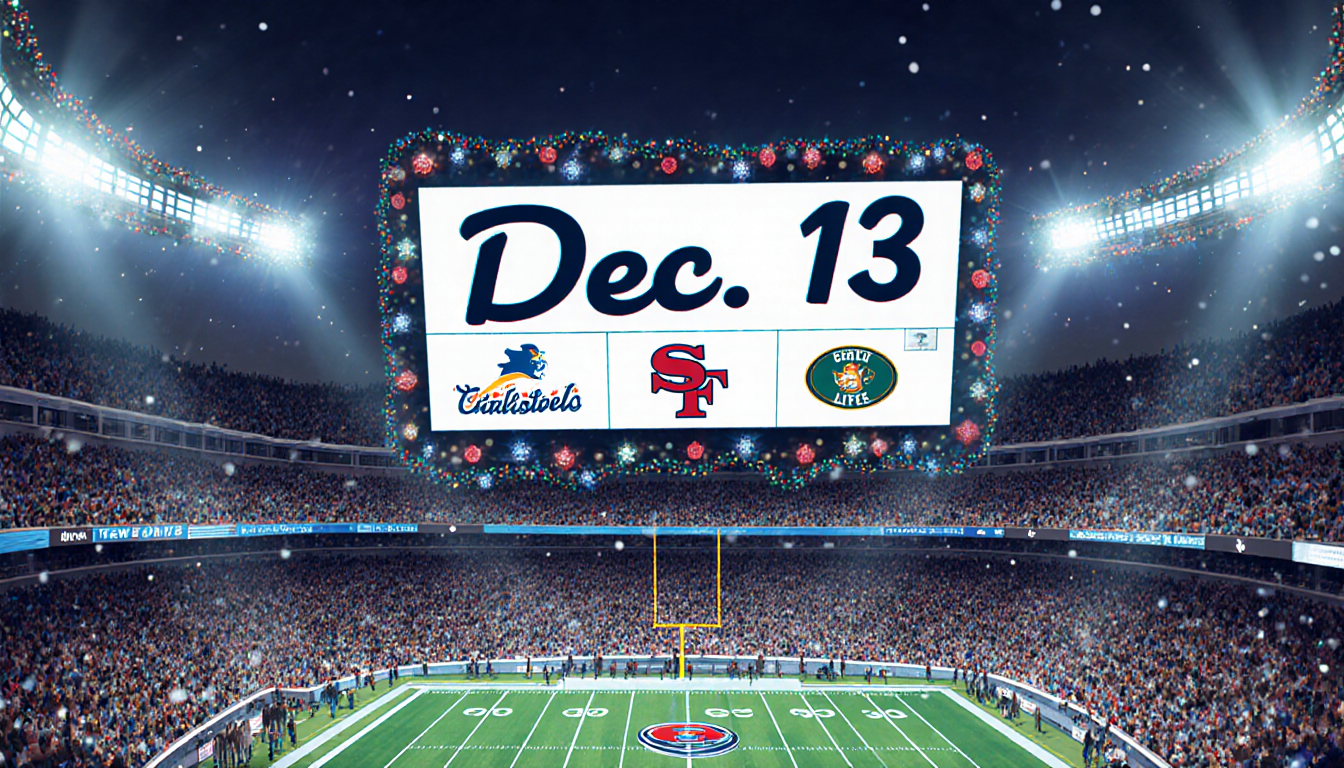 Packed stadium buzzing with holiday lights and a bold Dec. 13 scoreboard near a football field