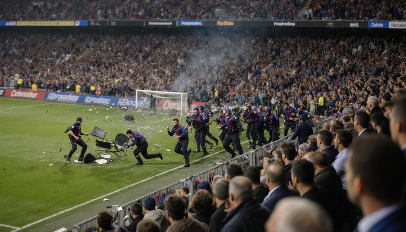 Security personnel chasing unruly fans with chaotic debris and Messi's empty seat in background