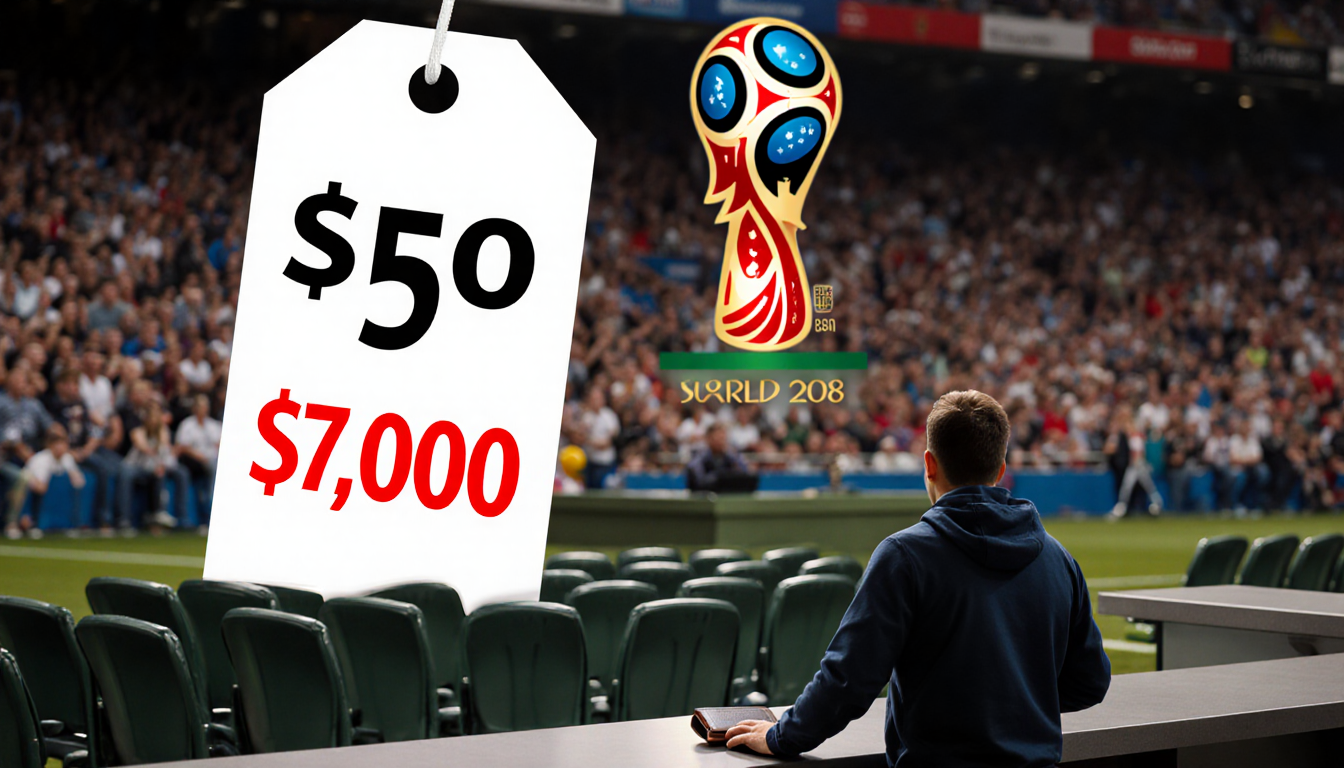 Lone fan holding wallet with extortionate ticket prices hovering above seats and blurred World Cup trophy behind