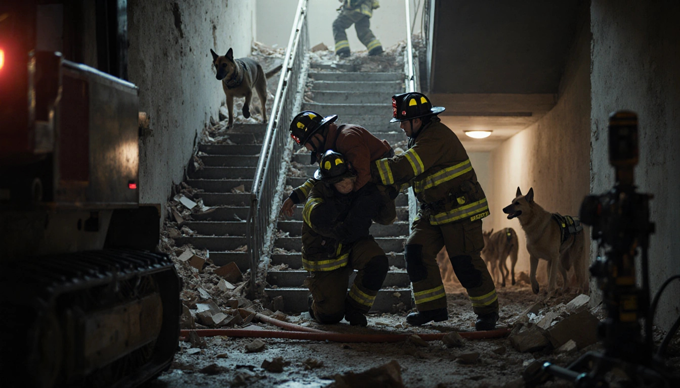 firefighters pulling two people from a stairwell with debris and collapsed stairs and emergency lights
