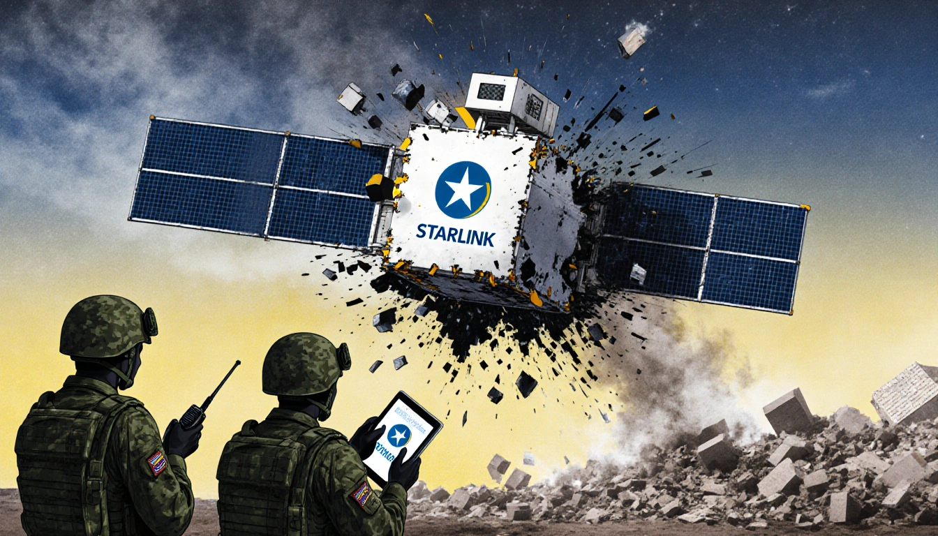 Ukrainian soldiers operating radios with a damaged Starlink satellite showing a crater.