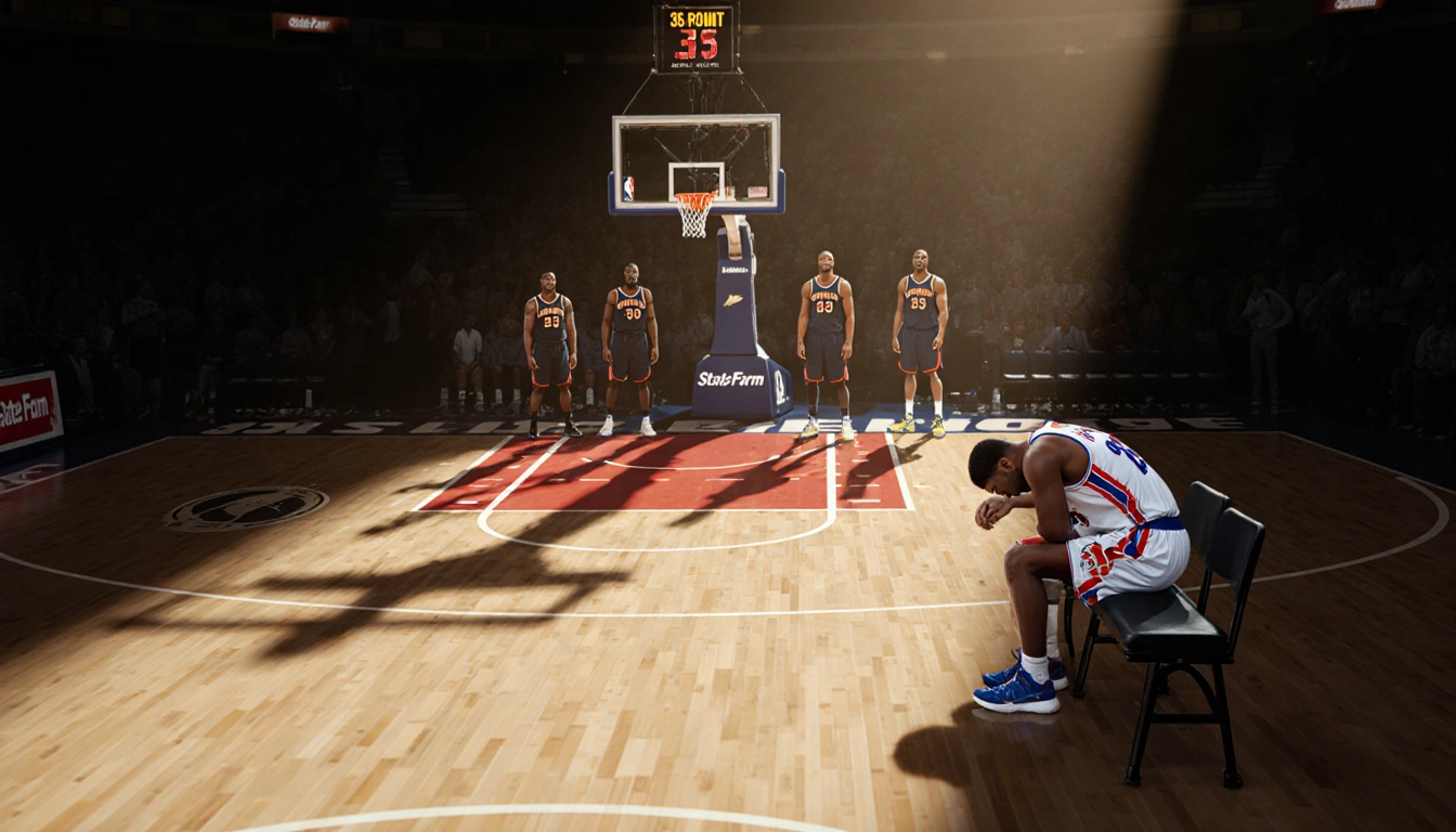 Slumped 76ers bench sits with Paul George jersey and 35-point stats above rim and Hawks bench proudly standing behind