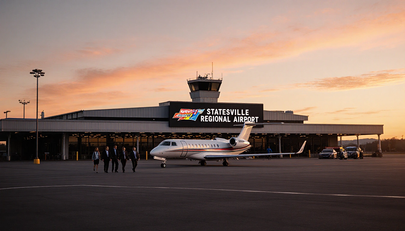 Businesspeople walking toward terminal with corporate jet parked on runway at sunset and NASCAR logos on signage