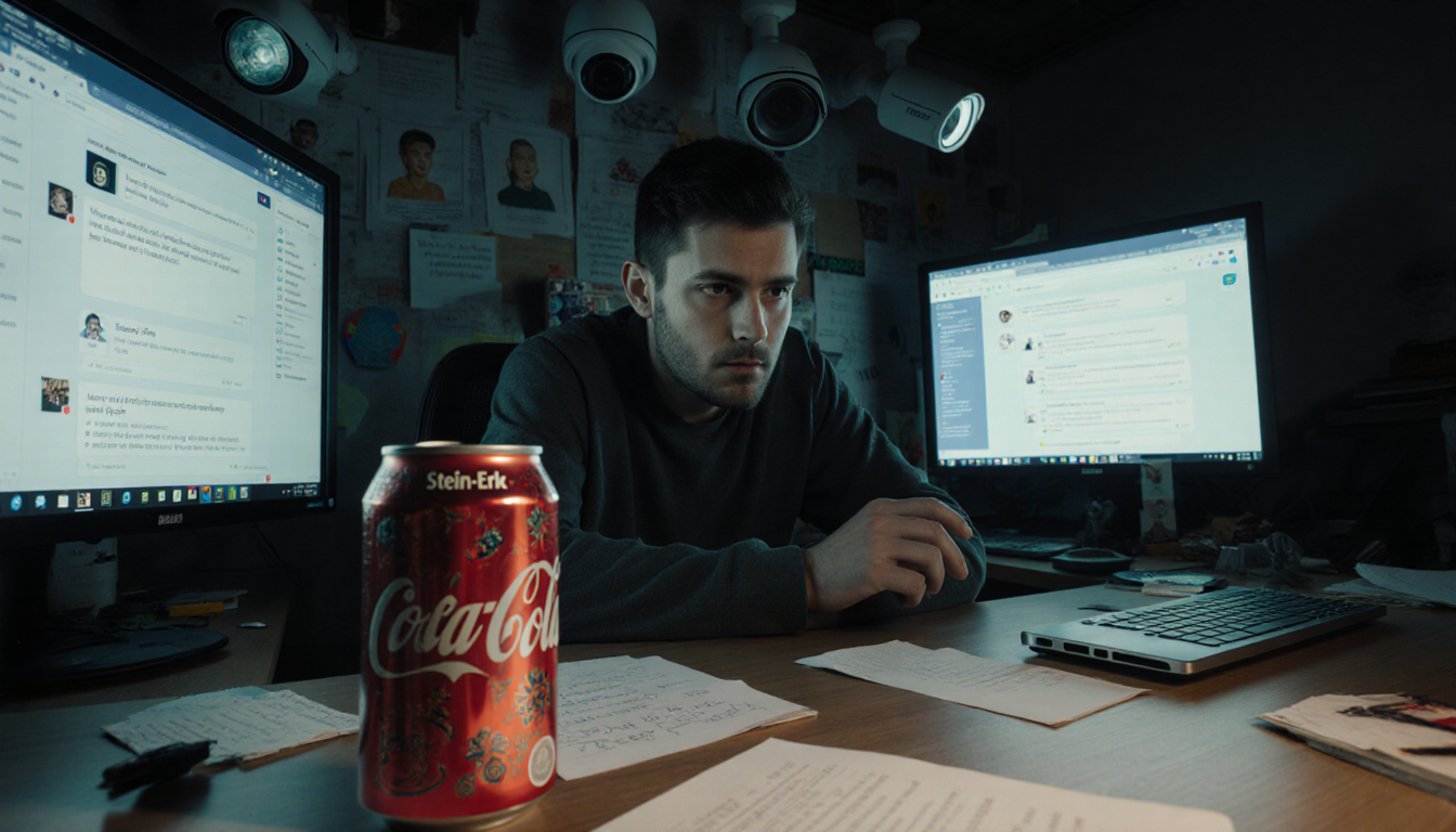 Isolated individual sits at desk with surveillance cameras overhead and a soda can labeled Stein-Erik near a ChatGPT screen