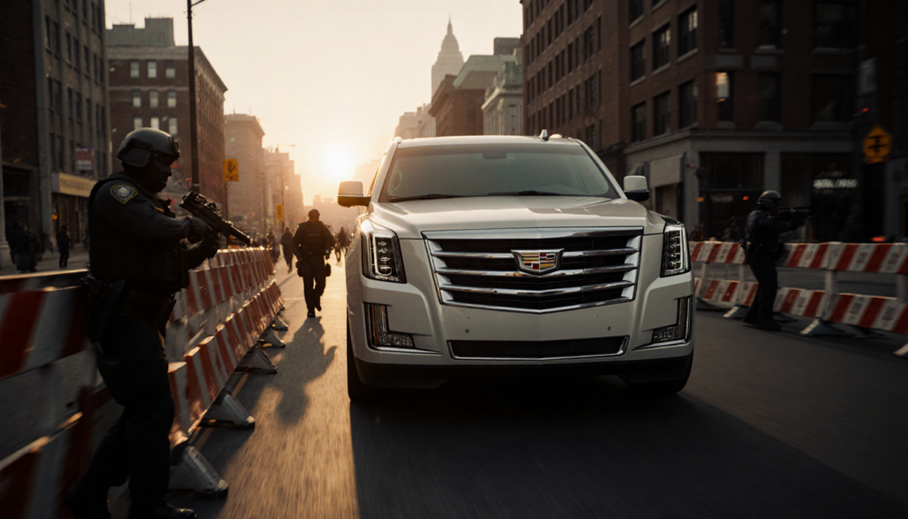 Cadillac Escalade racing down a Philadelphia street with police barricades and an officer pointing a gun at sunset