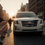 Cadillac Escalade racing down a Philadelphia street with police barricades and an officer pointing a gun at sunset