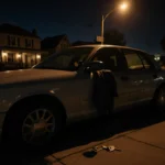 Stolen car parked by curb with warm porch light at dusk long shadows across sidewalk and jacket on seat and keys on ground.