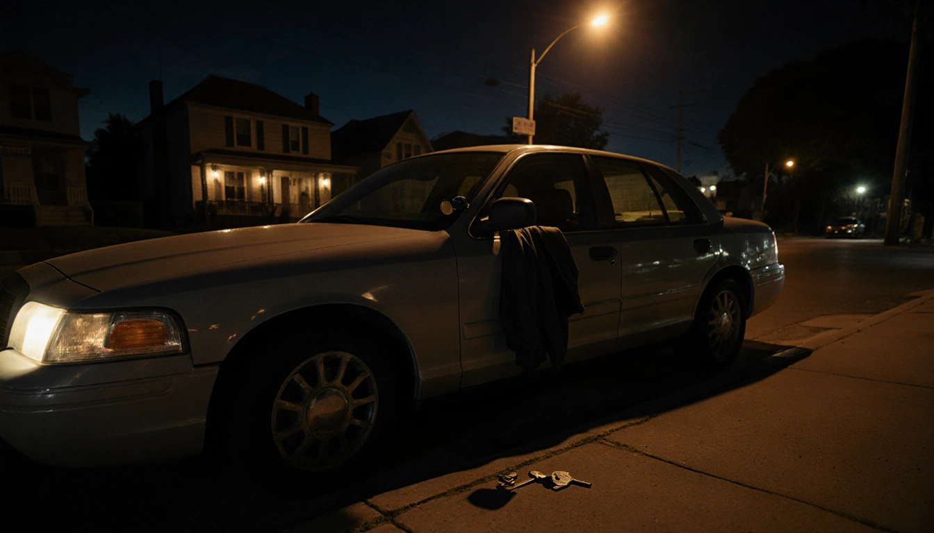 Stolen car parked by curb with warm porch light at dusk long shadows across sidewalk and jacket on seat and keys on ground.