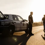 Stolen car being towed by Delaware Highway Patrol vehicle with officer standing beside and young man walking away