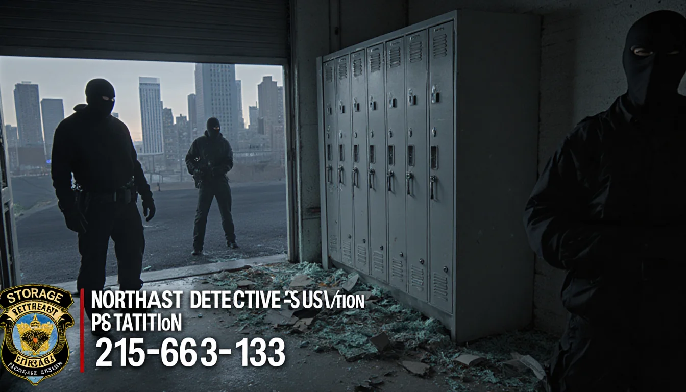 Storage facility entrance showing broken lockers and suspects in shadows with phone number at bottom