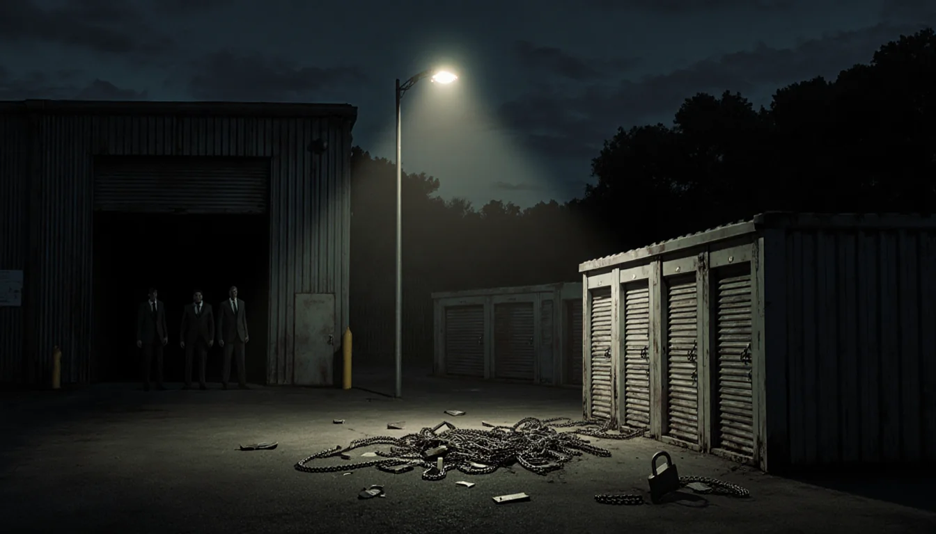 Four shadowy figures lurking near the storage facility entrance with security light and police spotlight.