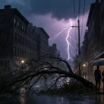 People sheltering under awning at stormy Philadelphia intersection with rain and lightning