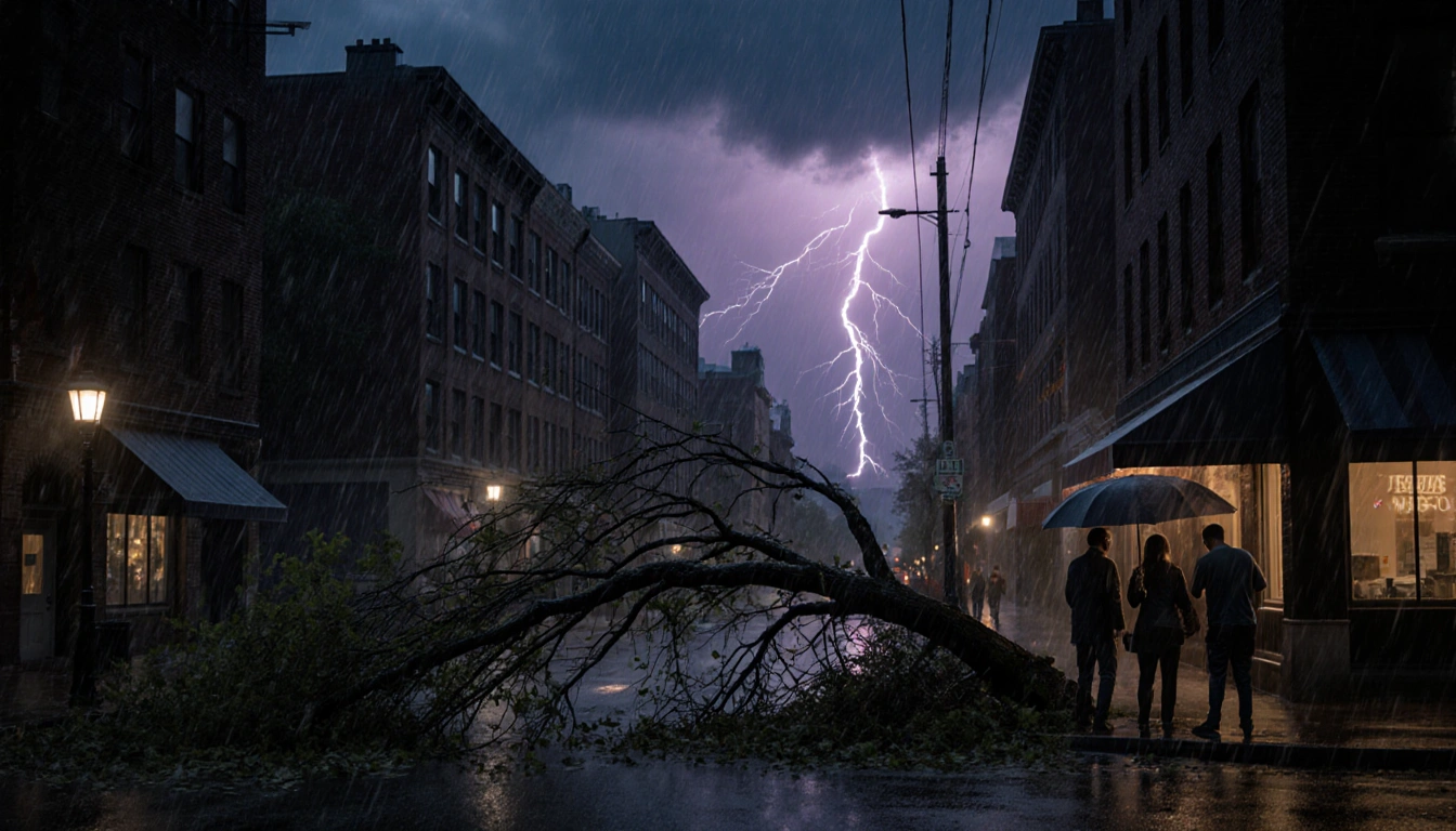 People sheltering under awning at stormy Philadelphia intersection with rain and lightning