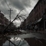 People hurrying in rain gear with a flooded puddle reflecting the cloudy sky on a storm-battered Philadelphia street