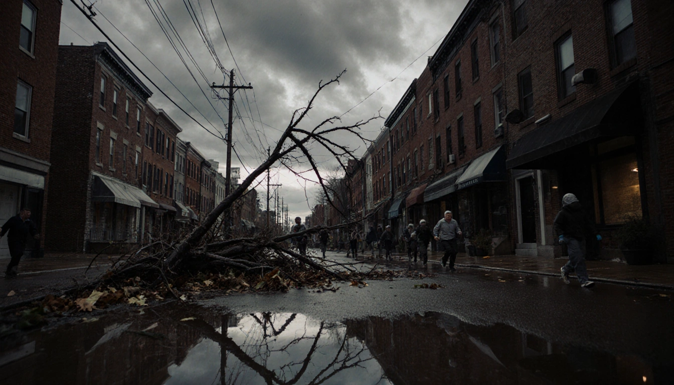 People hurrying in rain gear with a flooded puddle reflecting the cloudy sky on a storm-battered Philadelphia street