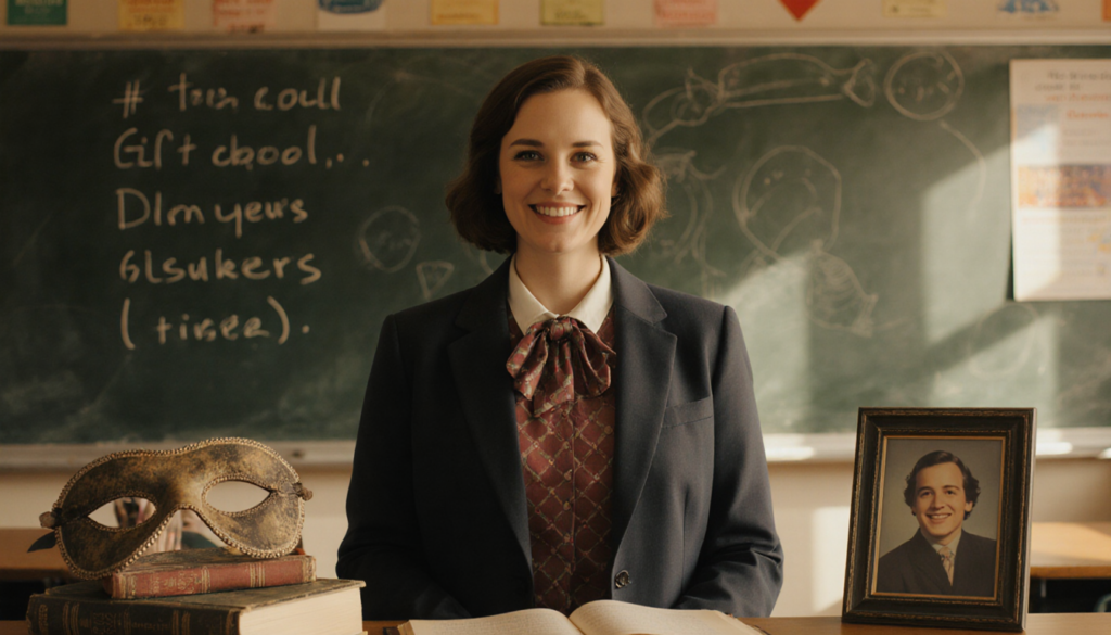 Teacher Hope Hynes Love smiling with golden light near old textbooks and drama mask in a nostalgic classroom.